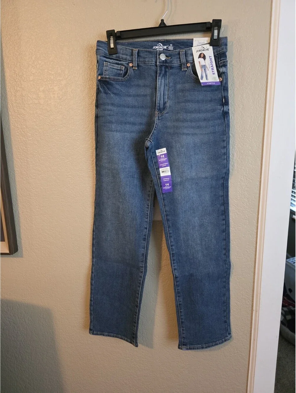Jordache Girls Straight High Rise Jeans Size 14 Blue Denim Stretch Adjustable